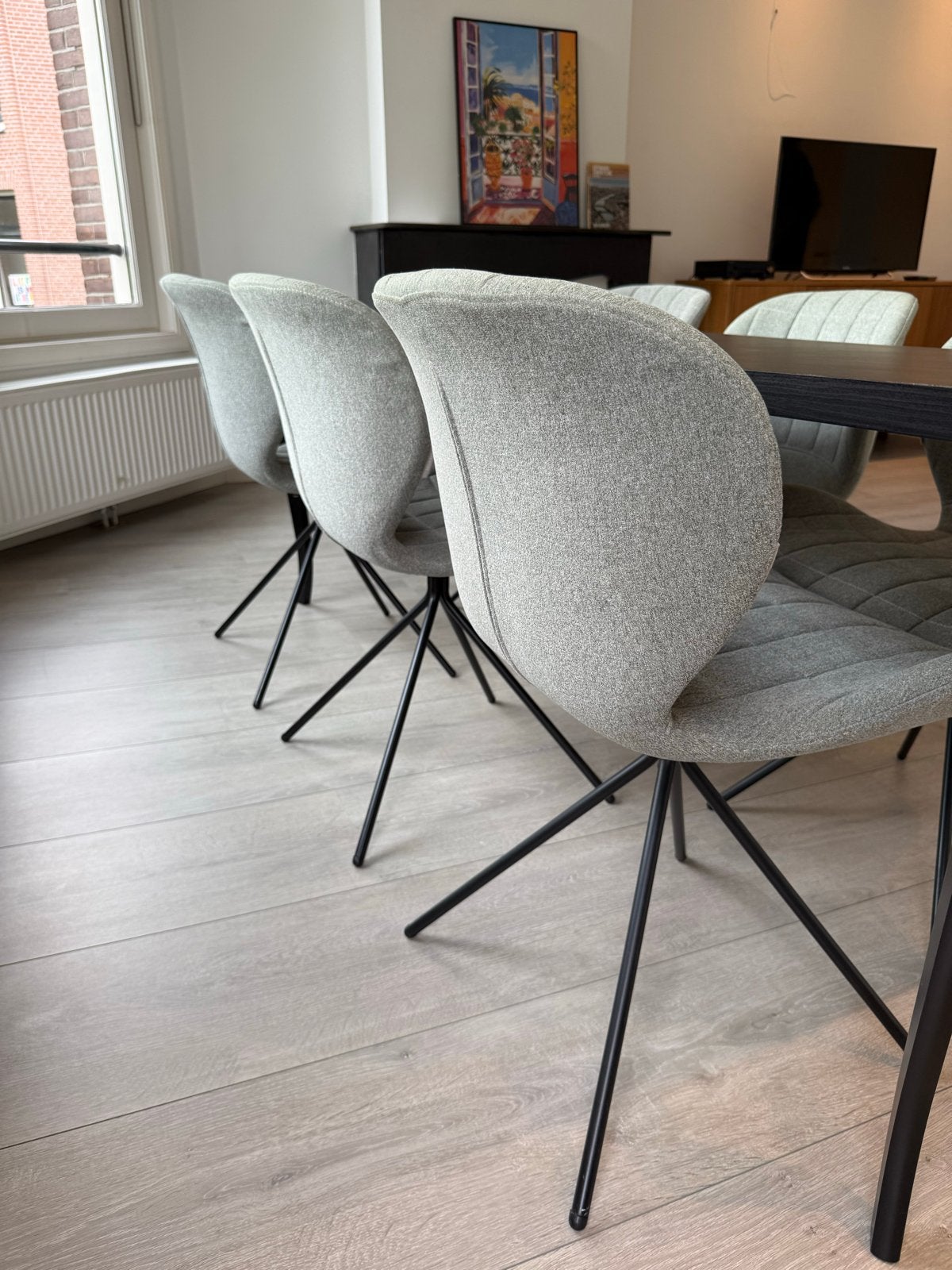 Set van 6 Zuiver OMG eetkamerstoelen (origineelprijs: €1194), Huis en Inrichting, Stoelen, Ophalen, Zo goed als nieuw, Vier, Stof