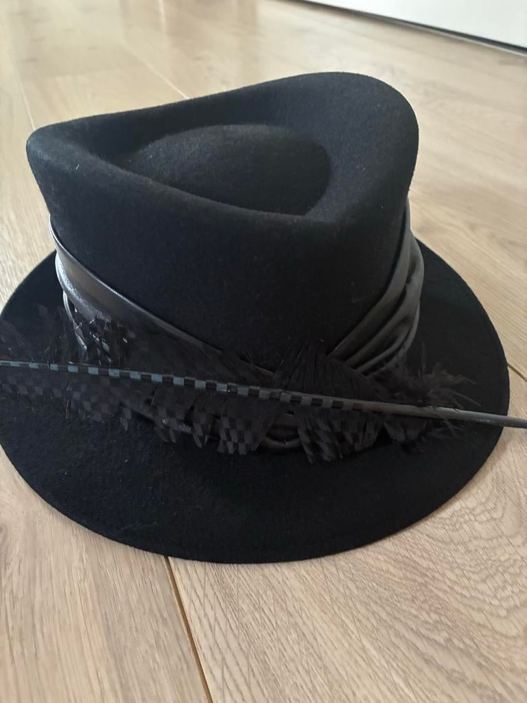Elegante zwarte hoed met leren band en veren, Ophalen, Zo goed als nieuw, One size fits all, Hoed