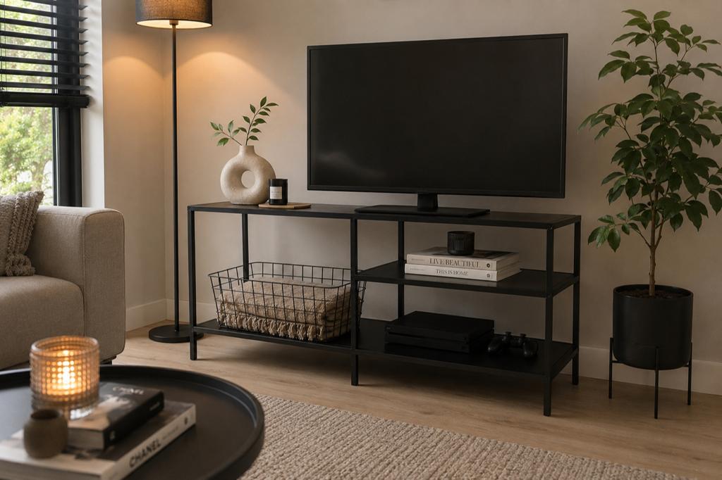 Modern industrieel tv-meubel / vakkenkast zwart, Huis en Inrichting, Kasten | Televisiemeubels, 100 tot 150 cm, Ophalen of Verzenden