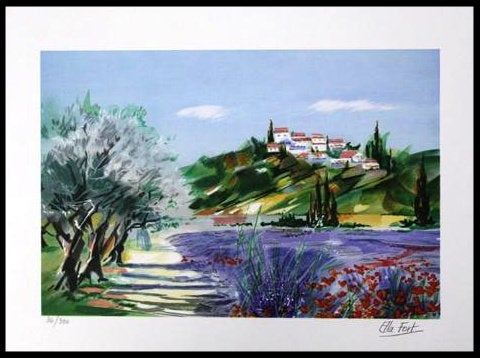 Ella Fort Litho " Champ de lavande et d'olivers " Fraai Werk, Ophalen of Verzenden