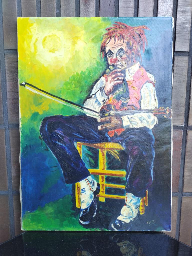 Mijmerende clown met viool (70x50) Gesigneerd olieverfwerk, Ophalen