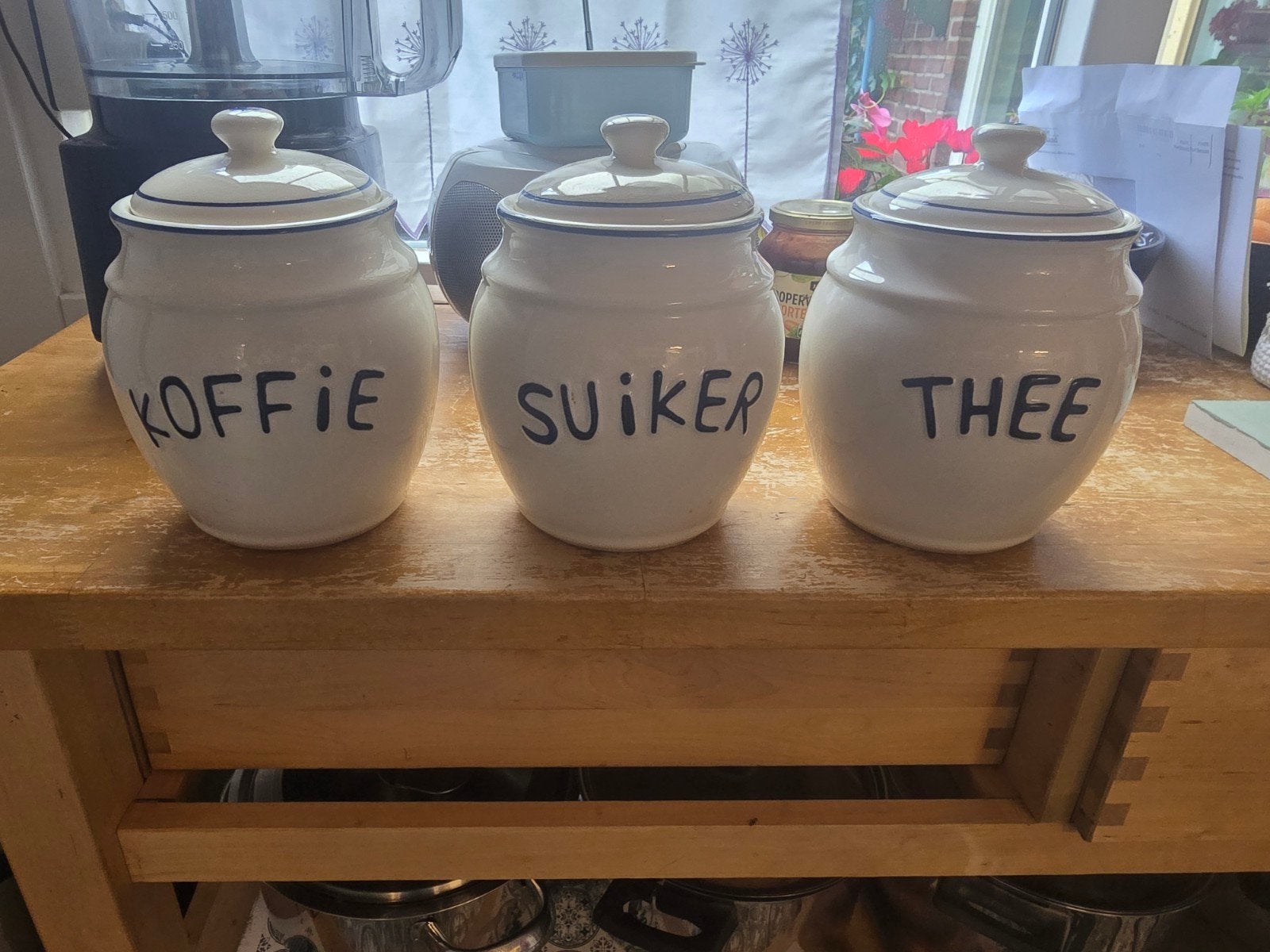 klassieke wit-blauwe suiker, thee en koffiepotten, Huis en Inrichting, Ophalen, Gebruikt, Voorraadpot, Steen/keramiek