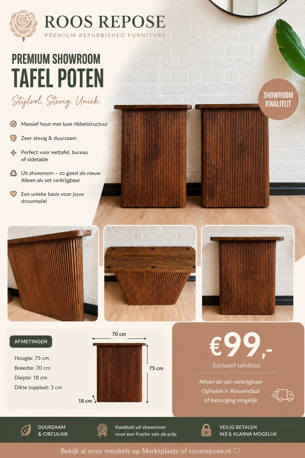 Set luxe houten tafelpoten – showroommodel – latten design, Minder dan 50 cm, 50 tot 100 cm, Nieuw, Ophalen of Verzenden