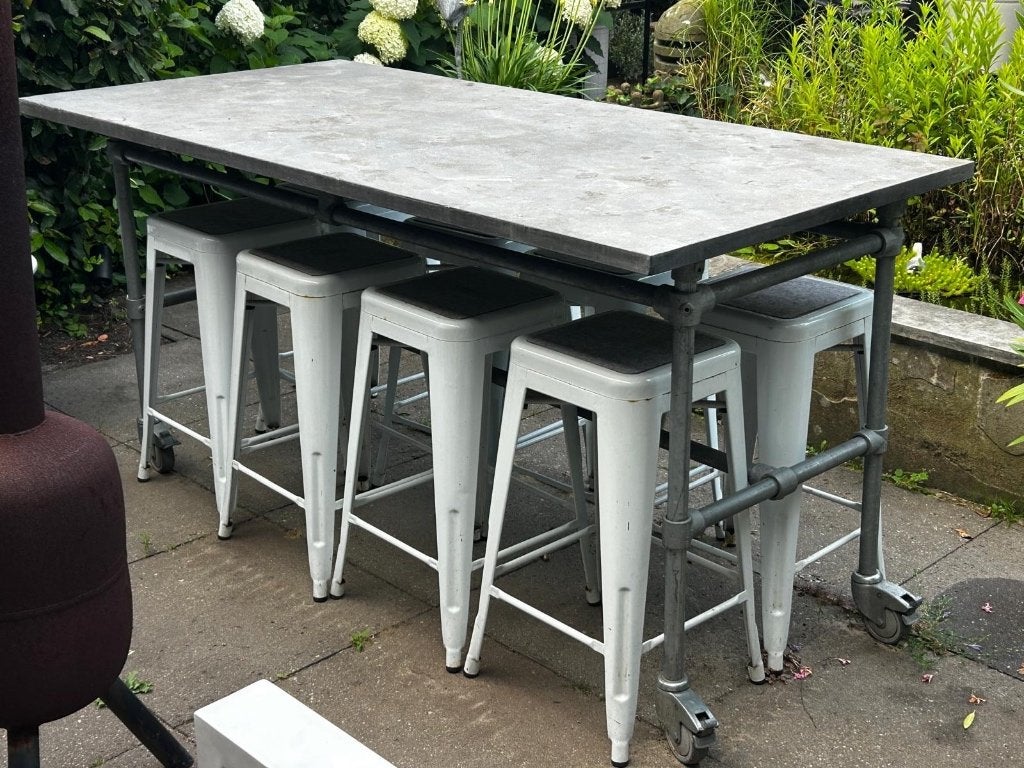 Stamtafel tuintafel bartafel met 8 hoge krukken, Tuin en Terras, Tuintafels, Ophalen, Gebruikt, Rechthoekig, Overige materialen