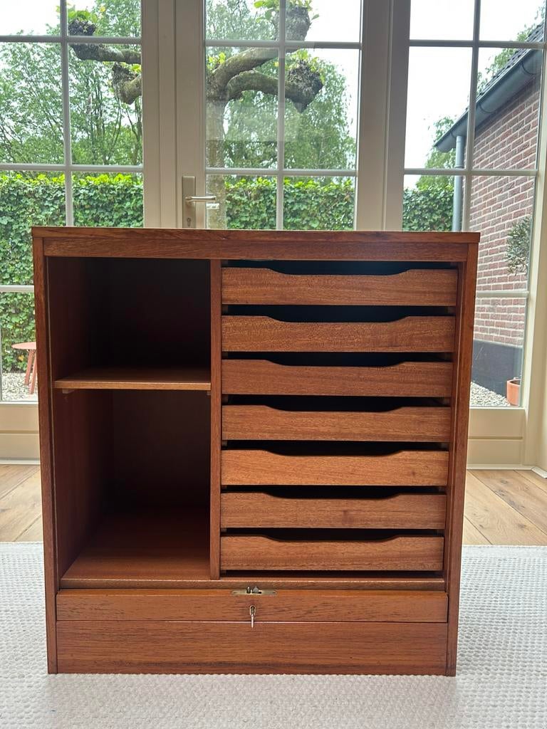 Deens design teak rolluikkast dossierkast jaren 60, Ophalen, Gebruikt, Teakhout, 50 tot 100 cm