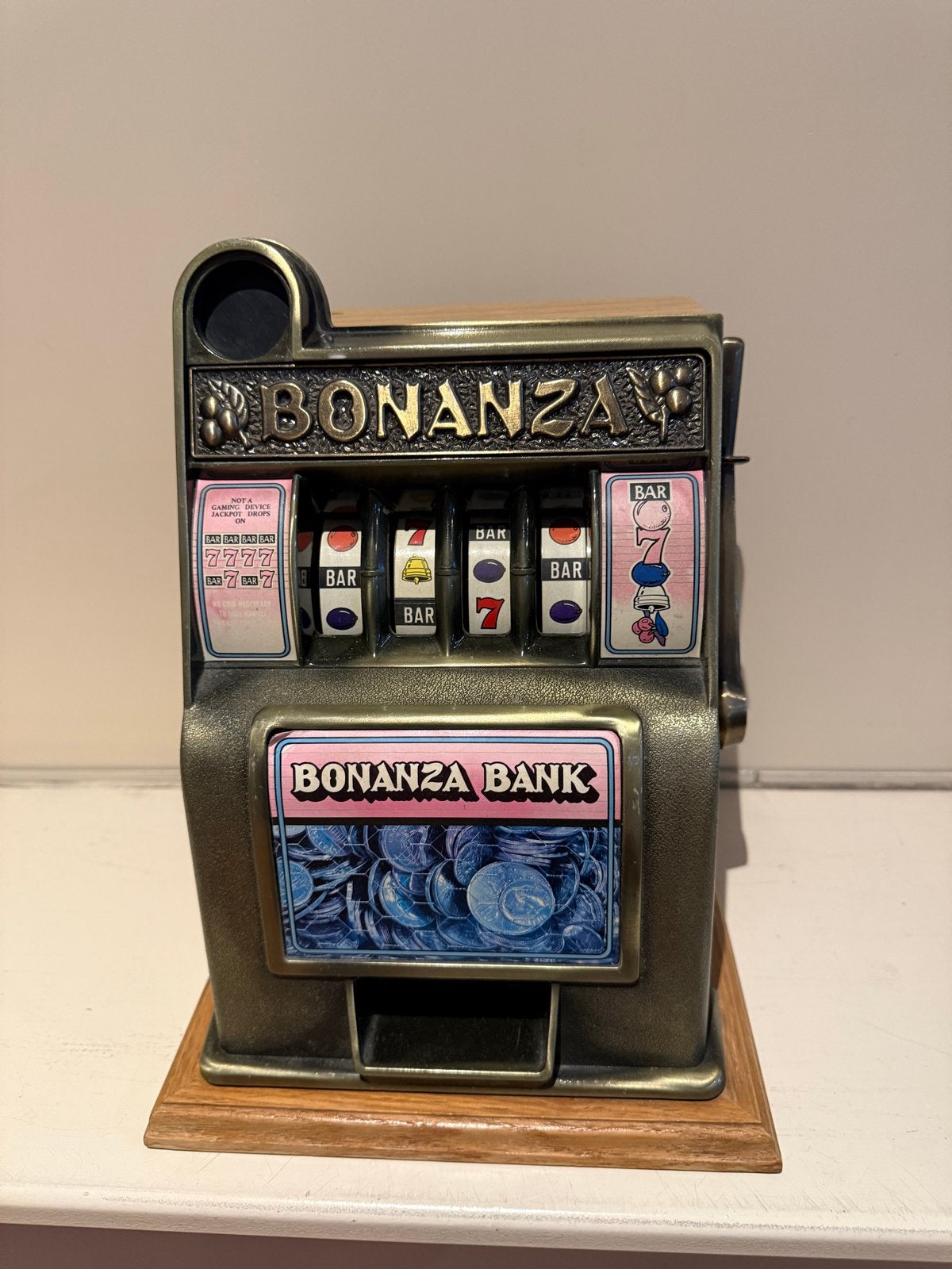 Vintage Bonanza Bank spaarpot gokautomaat werkend, Overige munten, Ophalen of Verzenden, Gebruikt