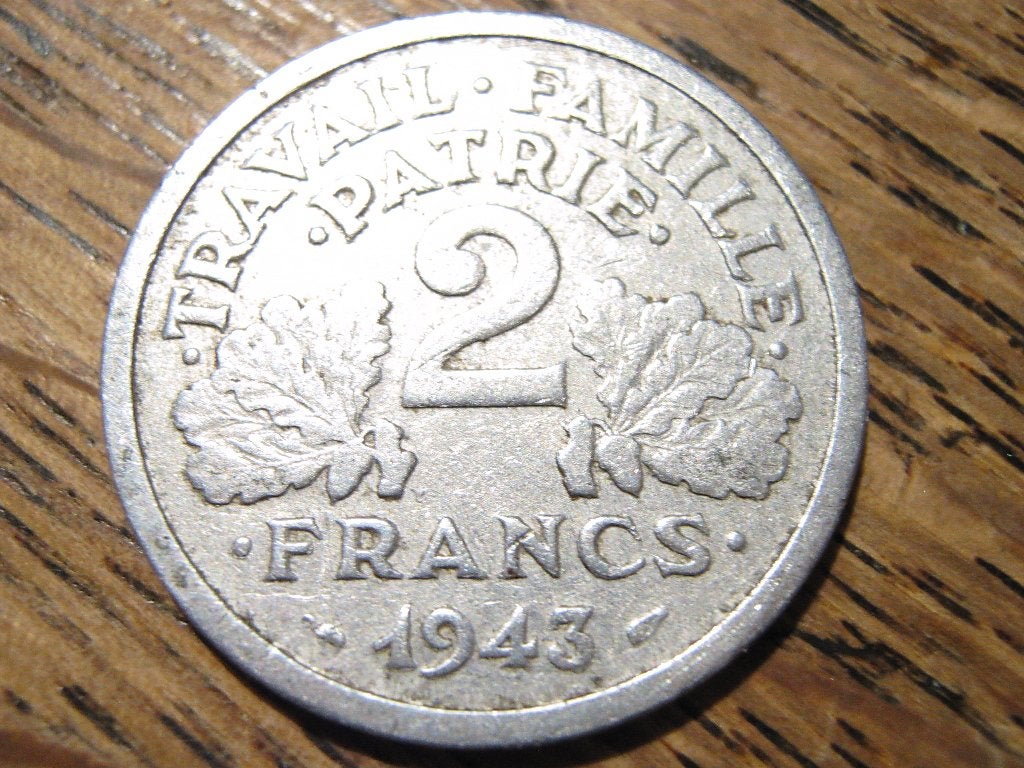 Oorlogsgeld WW2, Vichy-Frankrijk 2 Francs 1943 #60, Ophalen of Verzenden, Frankrijk, Losse munt