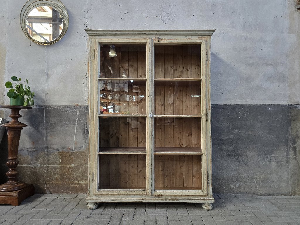 XL Vintage Houten Vitrinekast Wit | Grote Witte Vitrine Kast, Huis en Inrichting, Grenenhout, Ophalen of Verzenden, 150 tot 200 cm