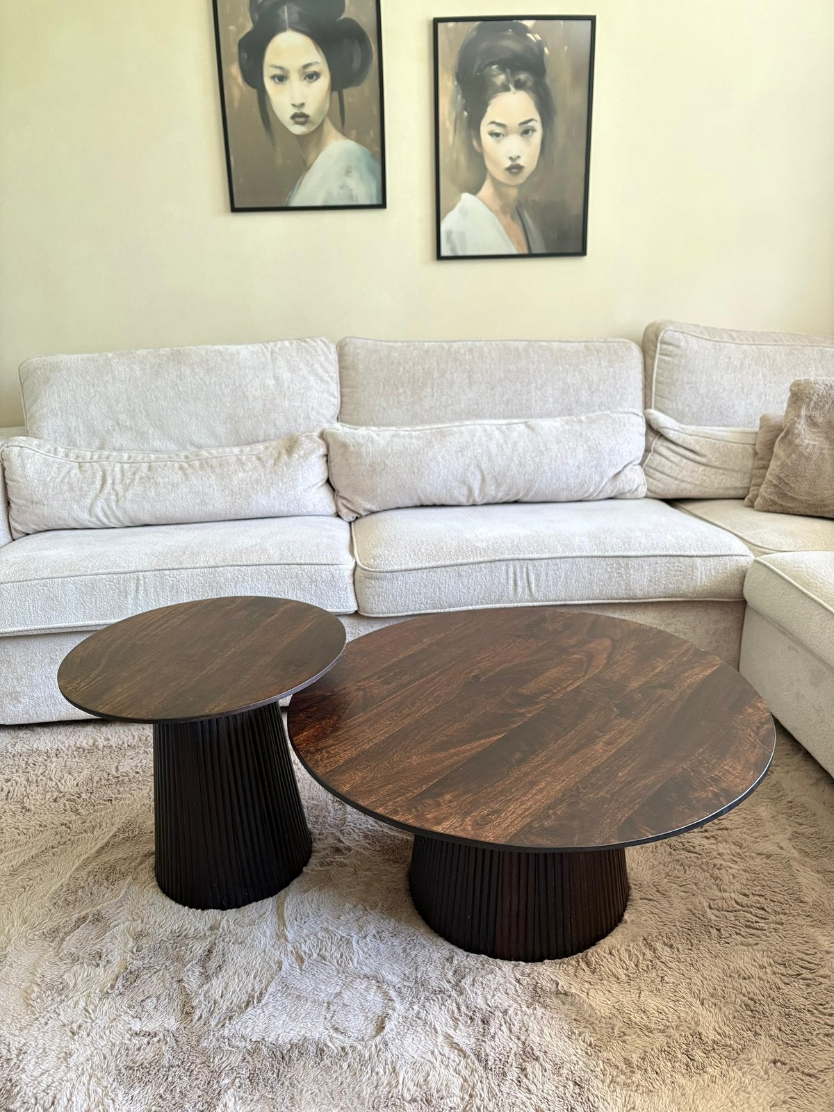 Ronde houten salontafels (set van 2) — Walnoot, Ophalen, Rond, 50 tot 100 cm, Zo goed als nieuw