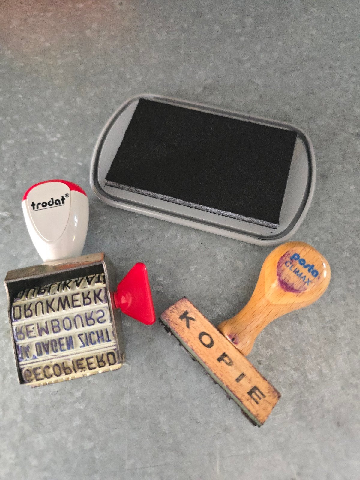 Vintage antiek Trodat & Posta Climax stempel & stempelkussen, Antiek en Kunst, Ophalen of Verzenden