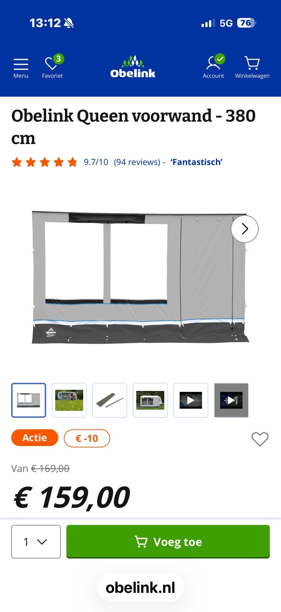 Obelink Queen voorwand - 380 cm zgan, Caravans en Kamperen, Caravan accessoires, Ophalen of Verzenden, Zo goed als nieuw
