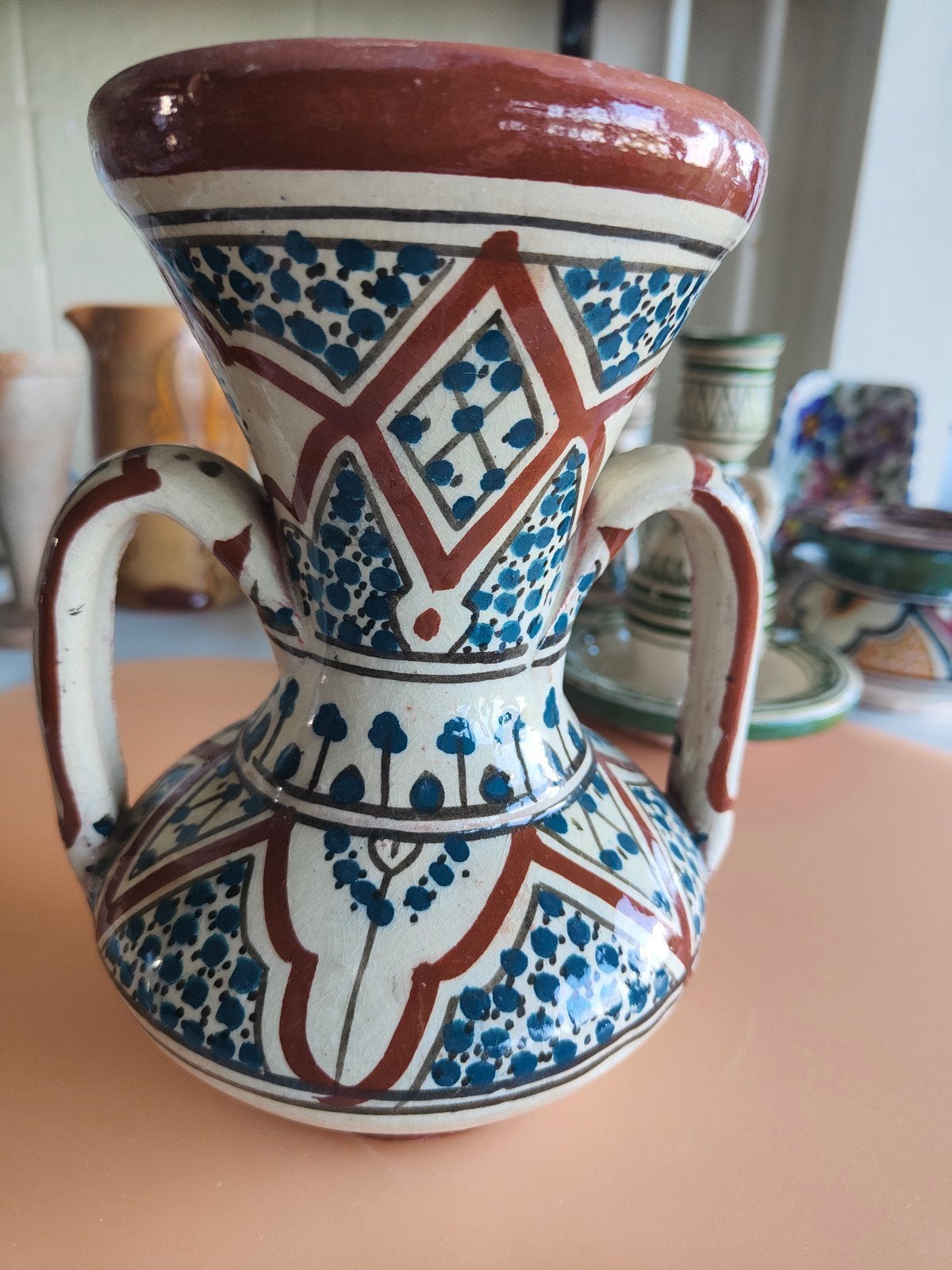 Vintage Marokkaanse aardewerk vaas met handgeschilderd decor, Ophalen