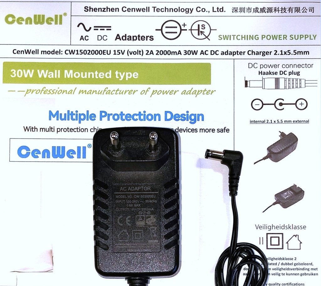 Cenwell CW1502000EU 15V 2A 1A 30W Adapter Lader Oplader, Ophalen of Verzenden, Nieuw