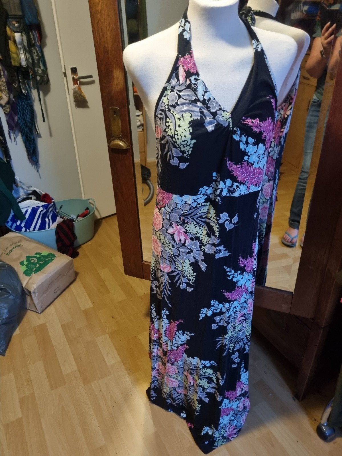 King Louie Maxi Jurk Zwart met Bloemenprint Maat M, Maat 38/40 (M), Meerkleurig, Ophalen of Verzenden, King Louie