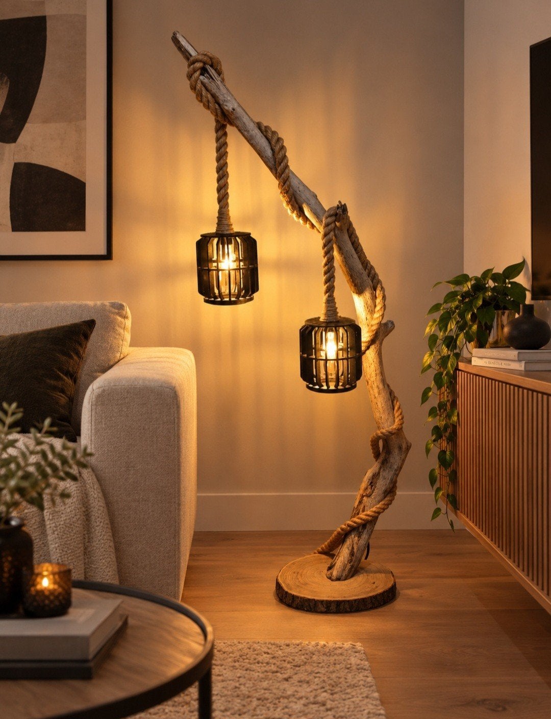 Unieke staande lamp van drijfhout met touw en 2 lampen, Huis en Inrichting, Ophalen, Nieuw, E27 (groot), 150 tot 200 cm
