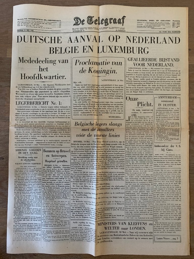 De Telegraaf van de eerste oorlogsdag, Verzamelen, Ophalen of Verzenden, 1940 tot 1960, Nederland, Tijdschrift