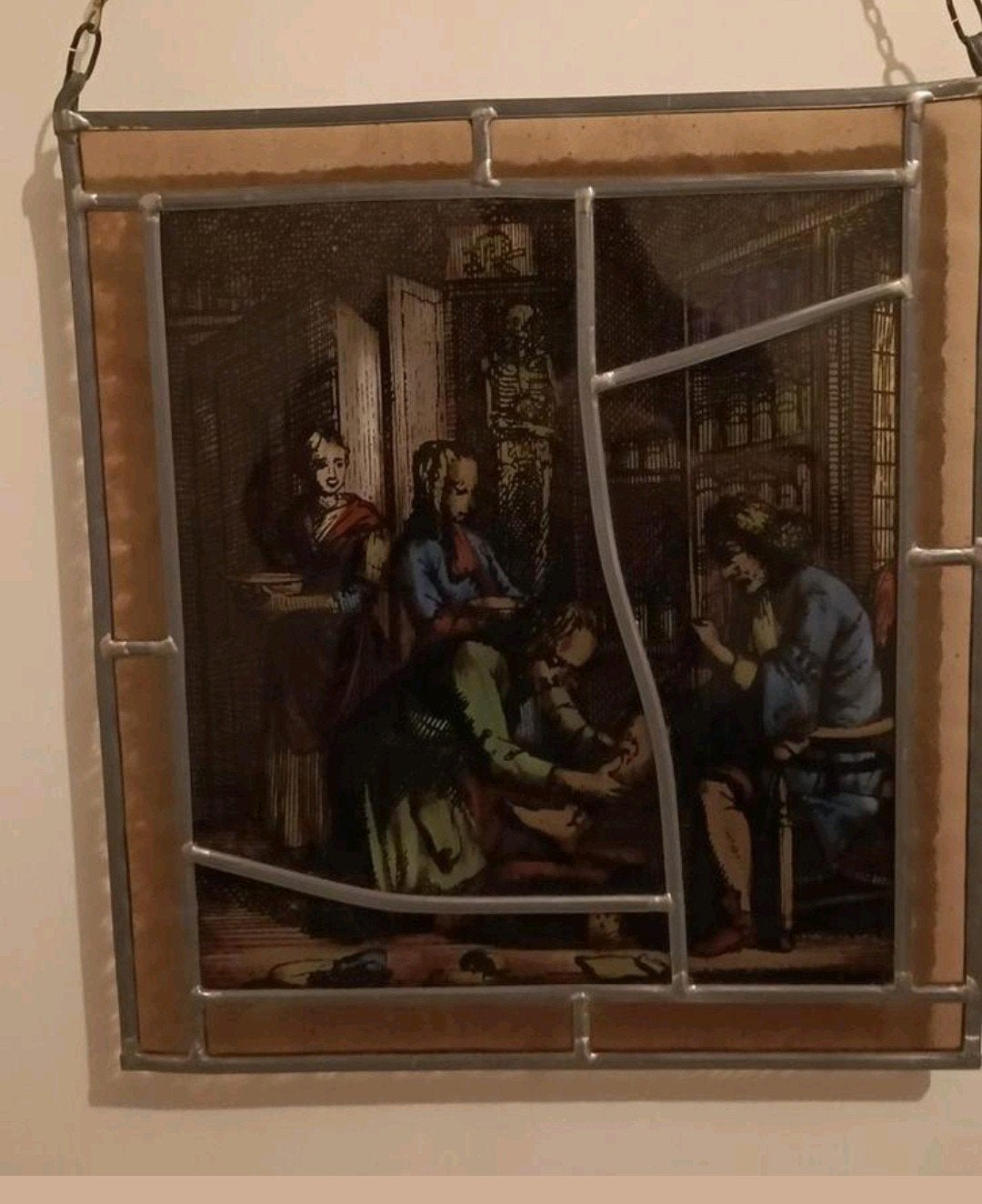 Antiek glas-in-lood paneel met medische scène, Antiek en Kunst, Ophalen of Verzenden