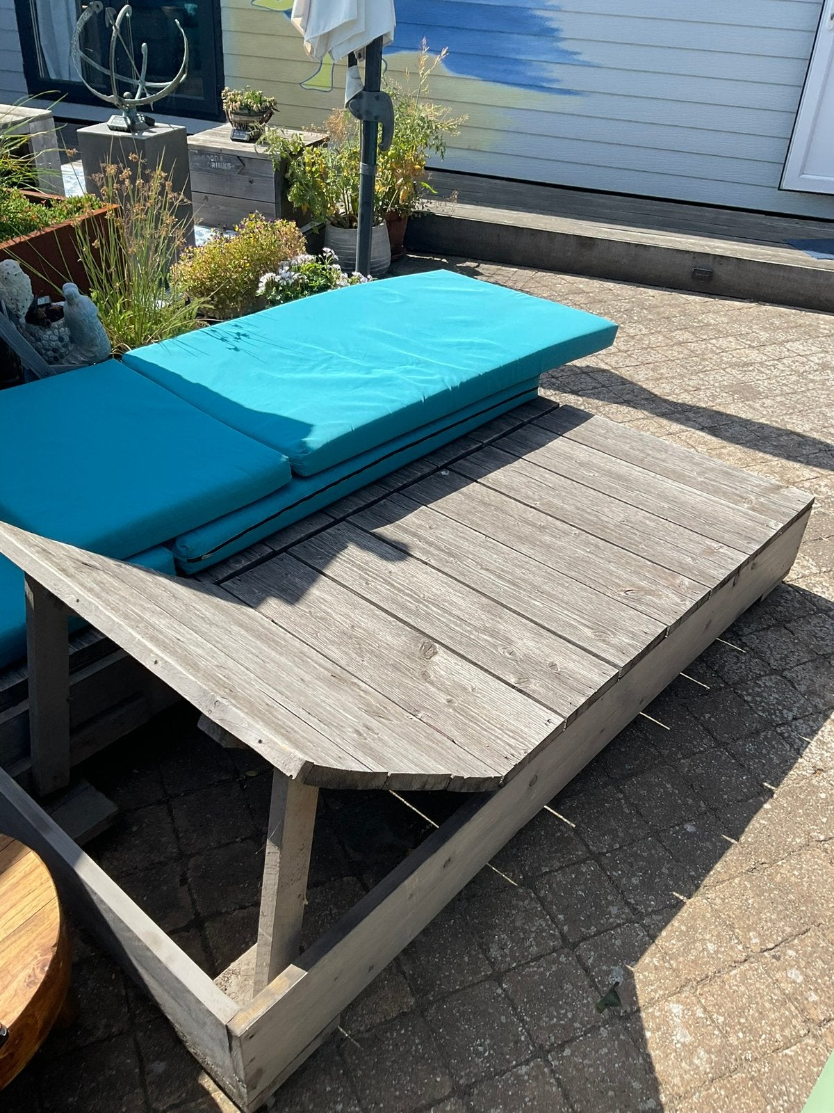Steigerhouten zonnebedden incl kussens marine blauw, Tuin en Terras, Ophalen, Gebruikt