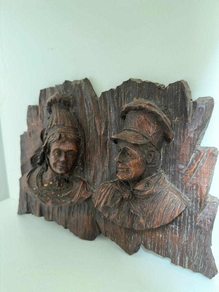 Houten reliëf: Portret van man en vrouw (Franse stijl), Ophalen of Verzenden