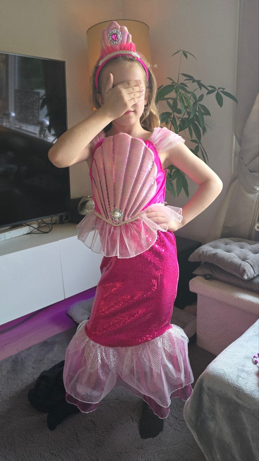 Zeemeermin verkleedjurk met tiara - Maat 128, Ophalen of Verzenden, Zo goed als nieuw, 122 t/m 128, Meisje