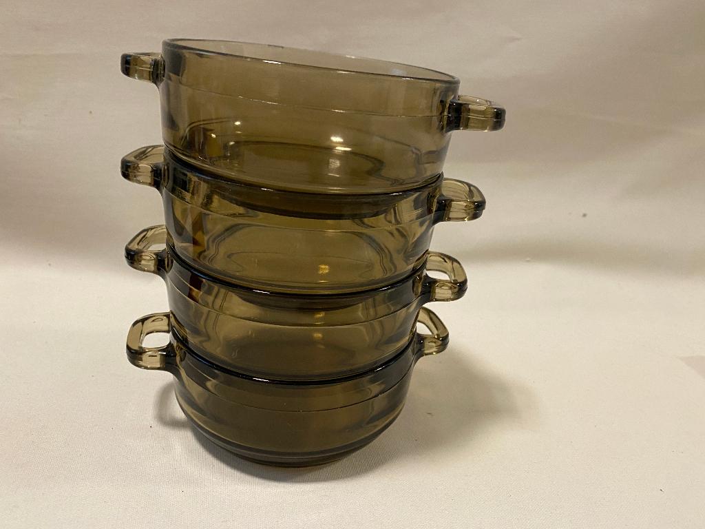 Retro Set van 4 Arcoroc Soepkommen Snackschaaltjes met oor, Huis en Inrichting, Keuken | Servies, Ophalen, Gebruikt, Glas, Kom(men)