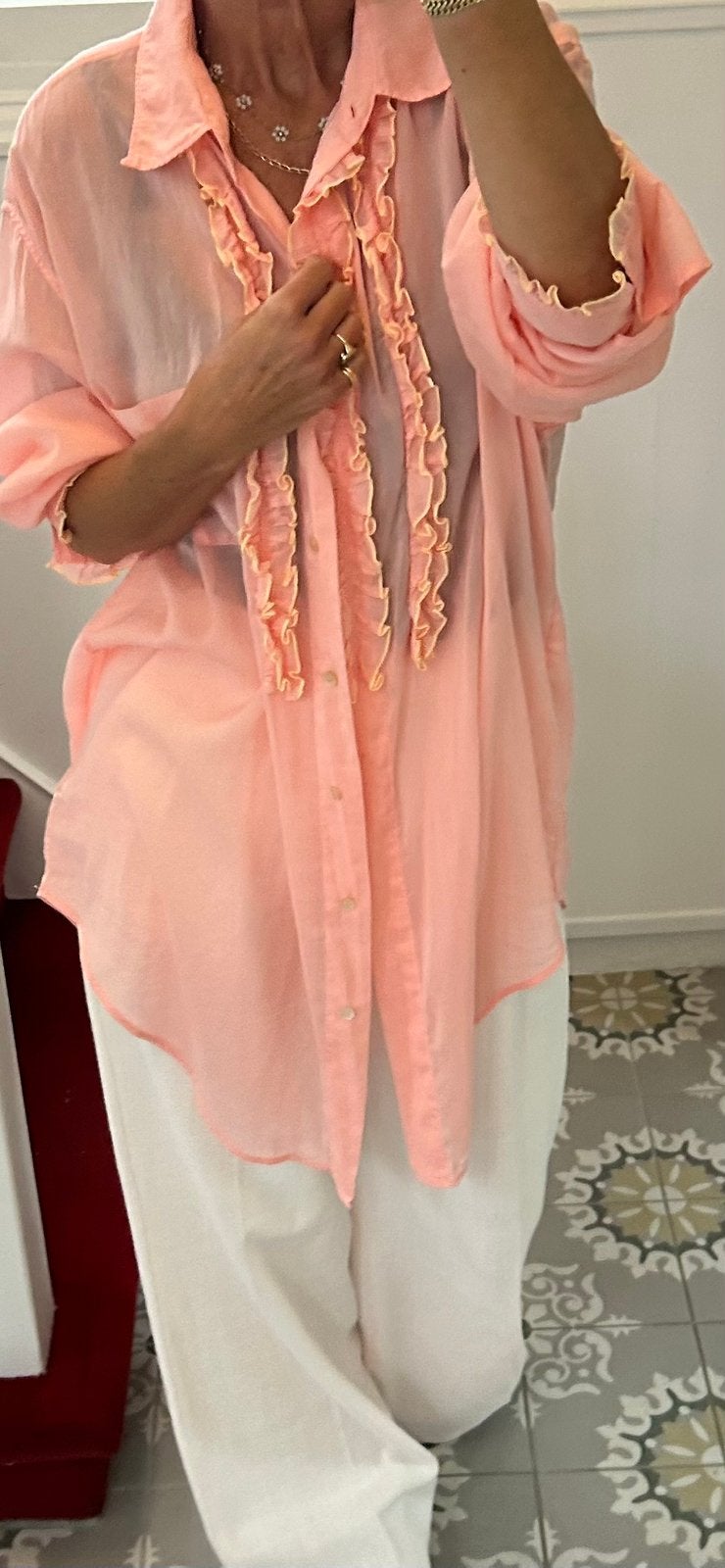 Forte forte roze peach blouse met ruches xl, Kleding | Dames, Ophalen of Verzenden, Zo goed als nieuw, Maat 42/44 (L), Roze