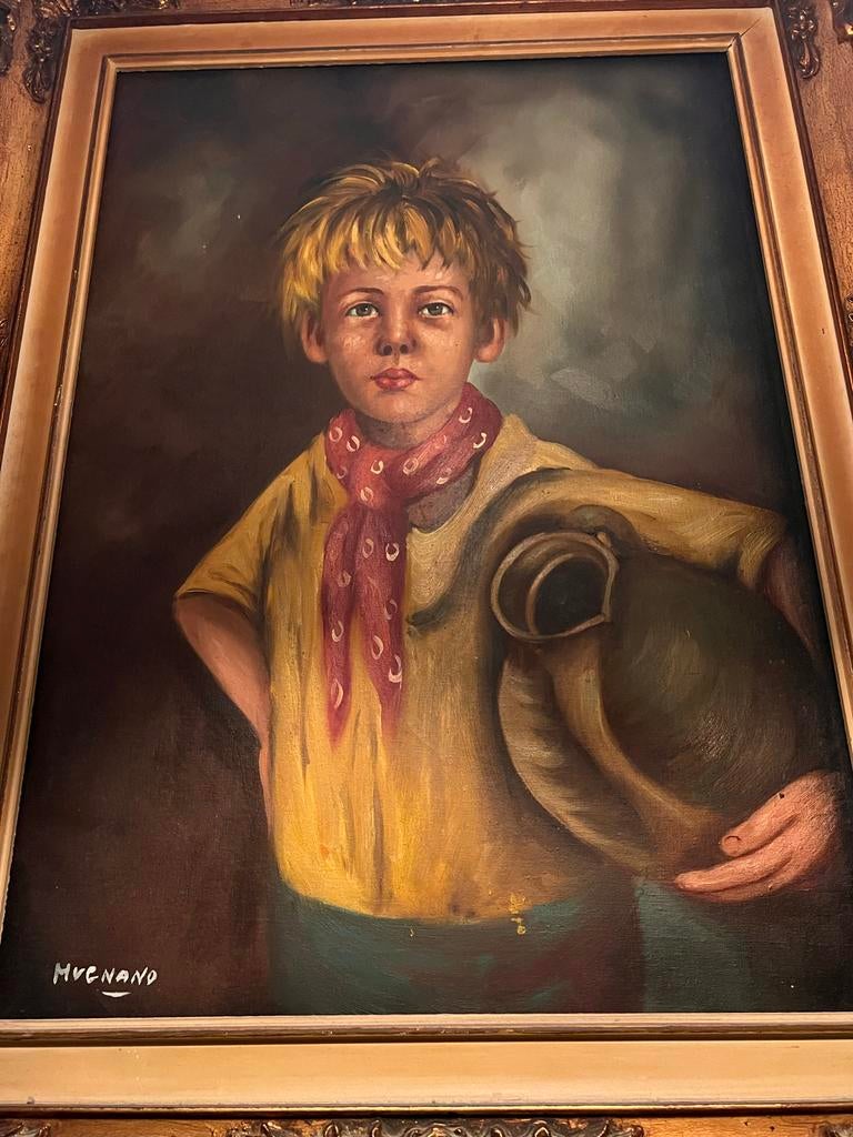 Oud Italiaans Schilderij: Jongen met Kruik - Gesigneerd, Ophalen