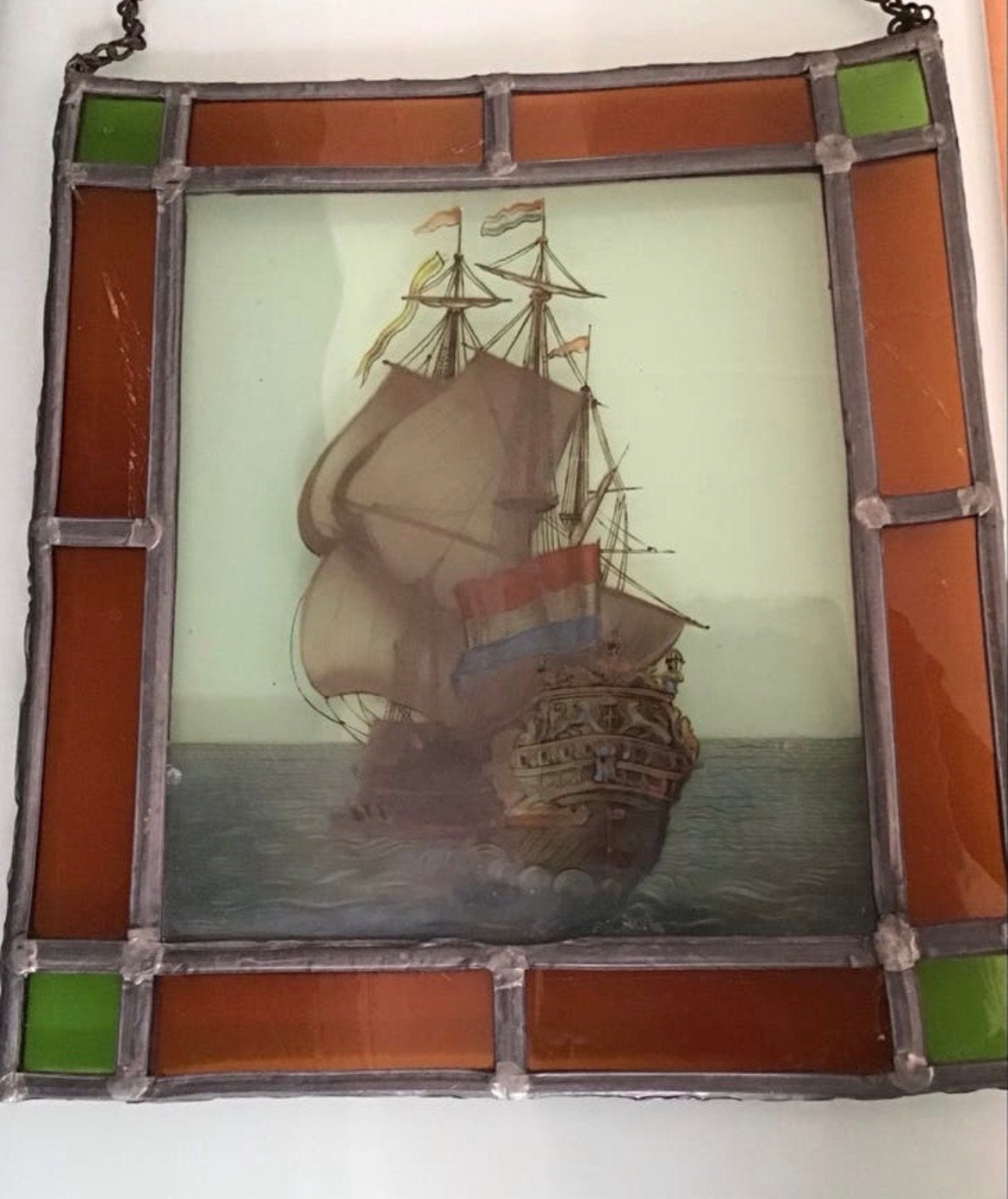 Glas in lood paneel met VOC schip, Antiek en Kunst, Ophalen