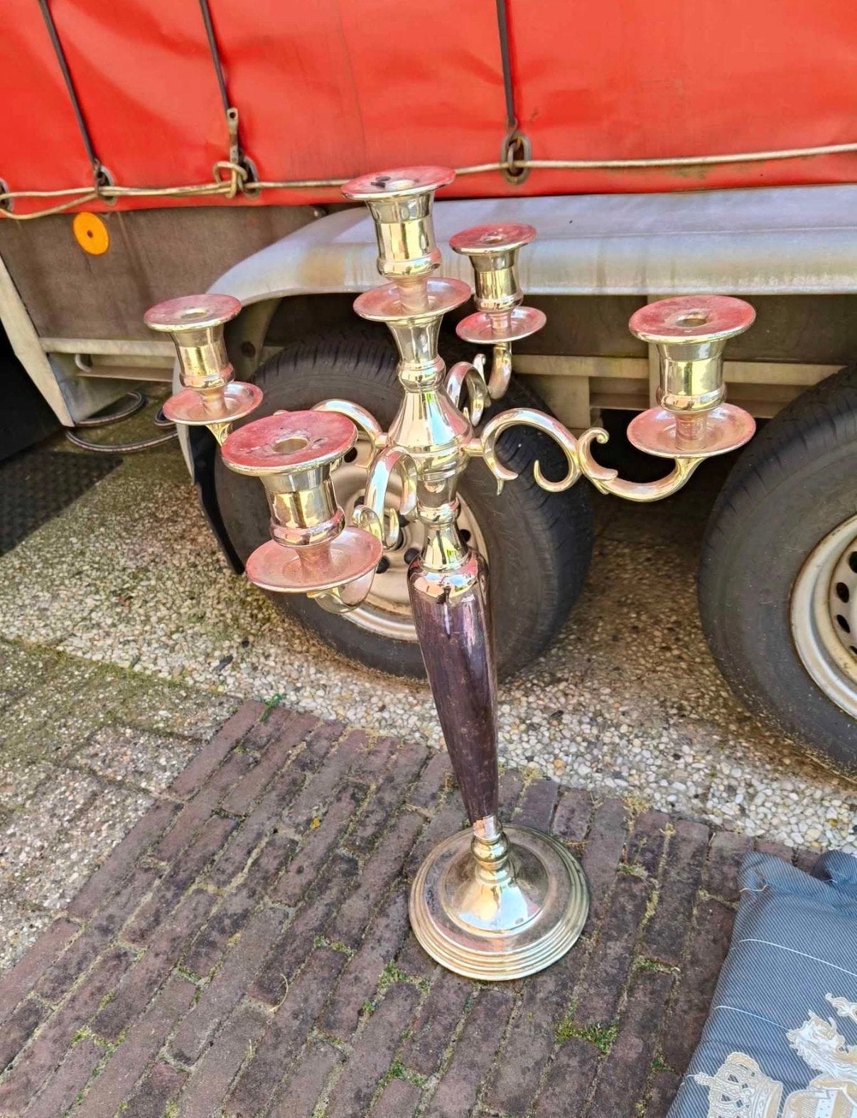 Vintage Vijfarmige Kandelaar - Zilverkleurig met Hout, Antiek en Kunst, Ophalen, Overige materialen