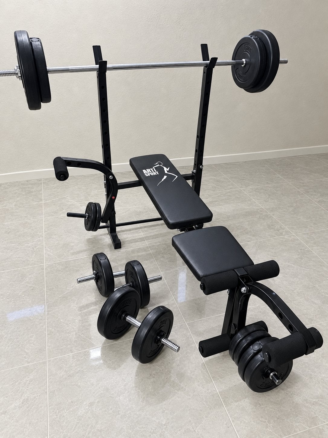 halterbank en gewichten, Sport en Fitness, Ophalen, Krachtstation, Armen, Zo goed als nieuw