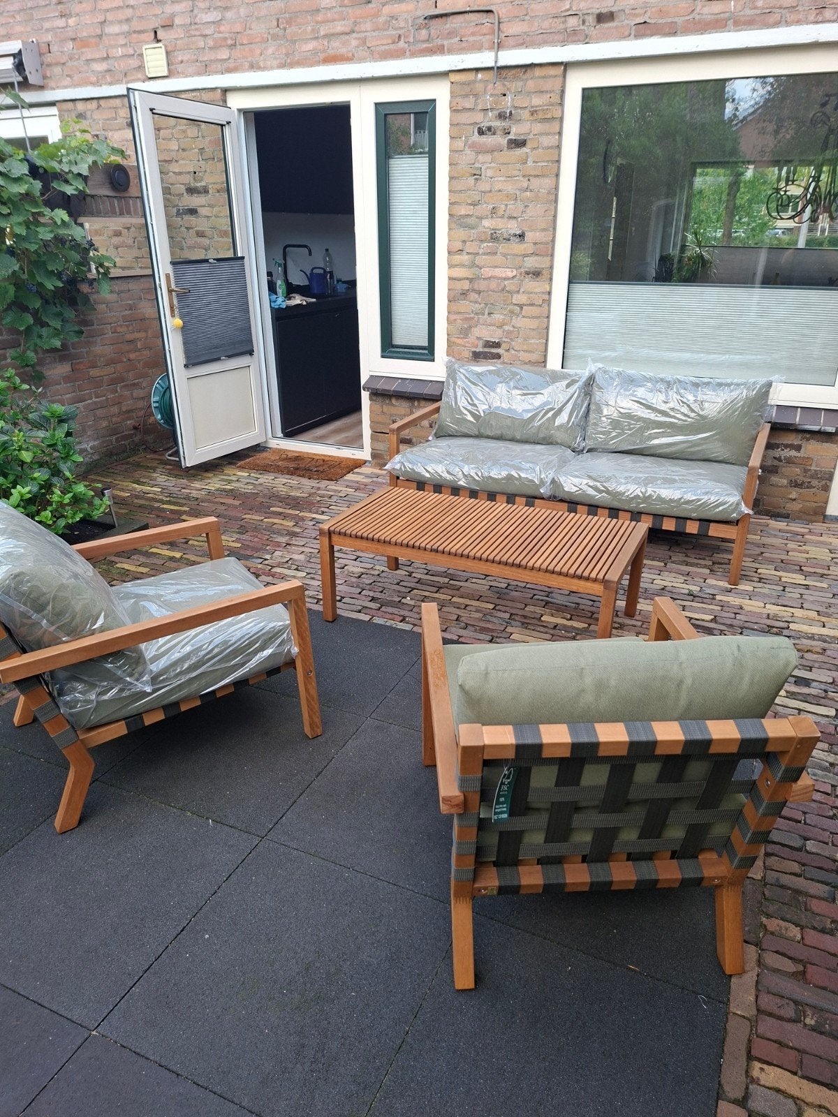 Nieuwe Teakhouten Tuinset met Kussens - Ongebruikt!, Ophalen, Bank, 6 zitplaatsen, Teakhout