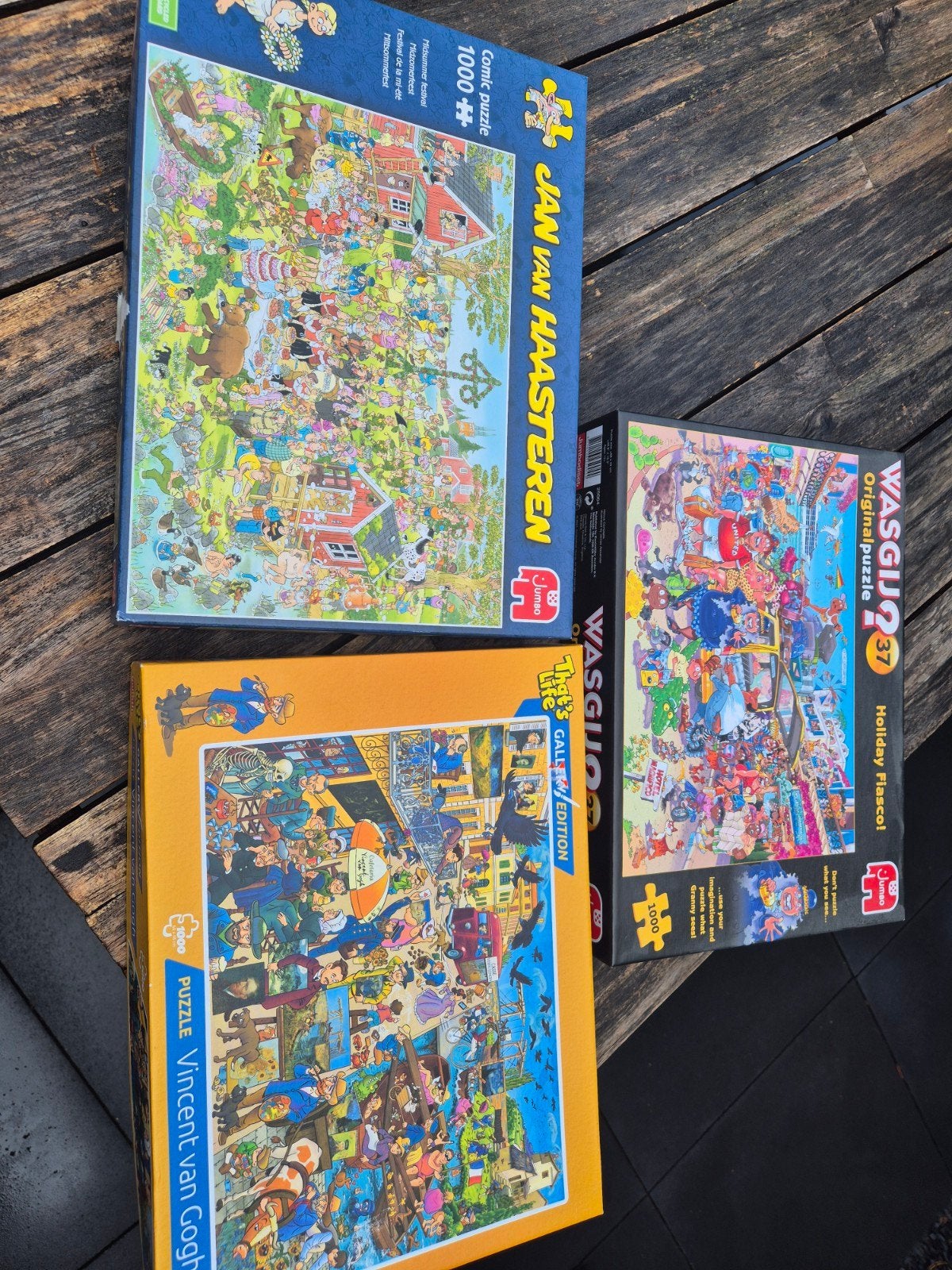 3 Legpuzzels: Jan van Haasteren, Wasgij, Vincent van Gogh, Ophalen of Verzenden, 500 t/m 1500 stukjes, Gebruikt, Legpuzzel