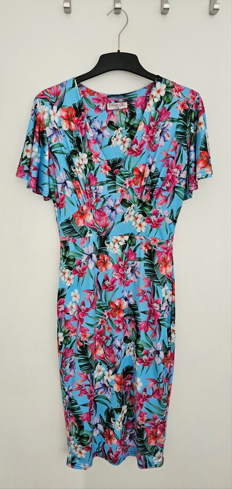 Vintage Chic turquoise jurk met tropische bloemenprint (S), Ophalen of Verzenden