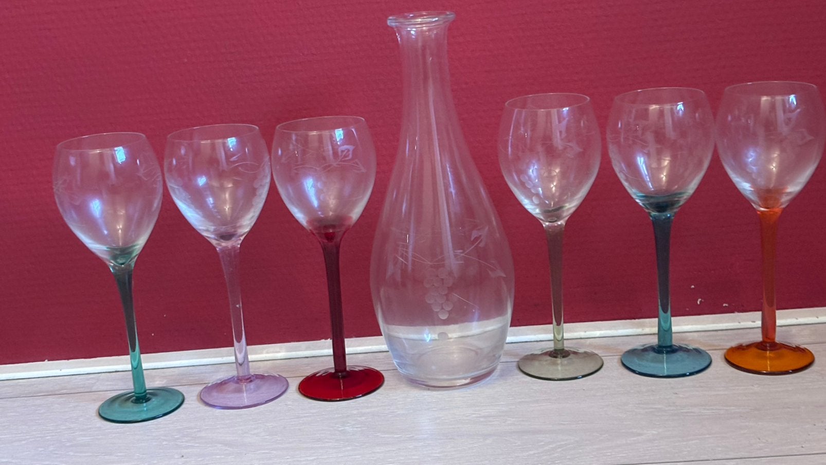 gegraveerde wijnglazen met karaf, Ophalen of Verzenden