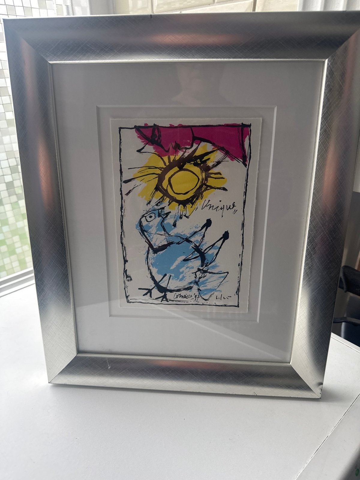 Ingelijste kunstprint: Blauwe vogel en zon, Ophalen of Verzenden