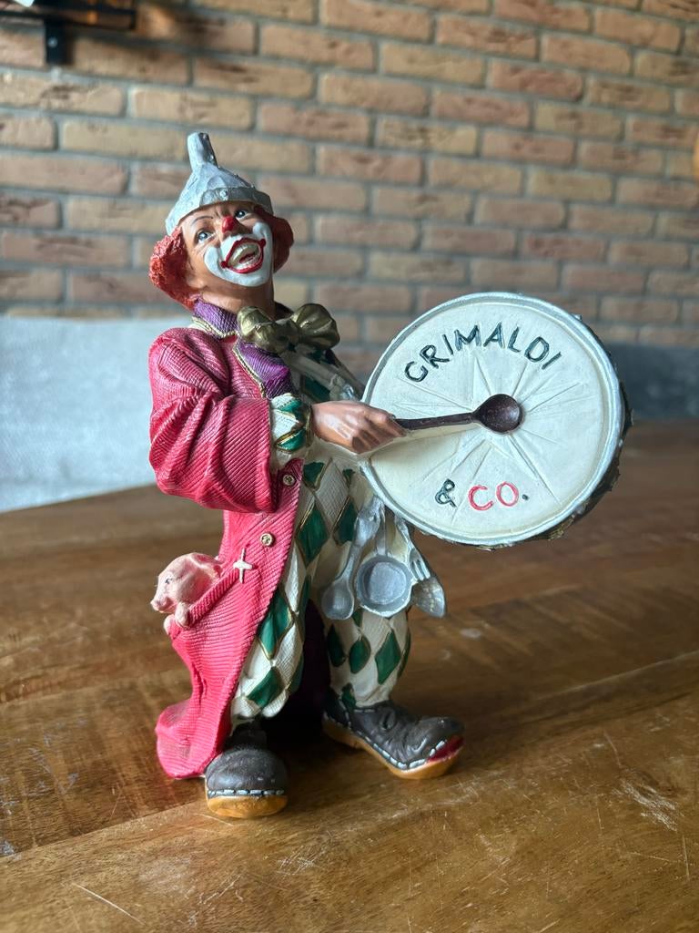 Vintage Grimaldi & Co. Clown Beeldje met Trommel, Verzamelen, Beelden en Beeldjes, Ophalen of Verzenden, Gebruikt, Mens