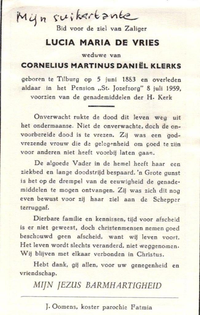 Vries de Lucia Maria  1883-1959 Tilburg, Ophalen of Verzenden