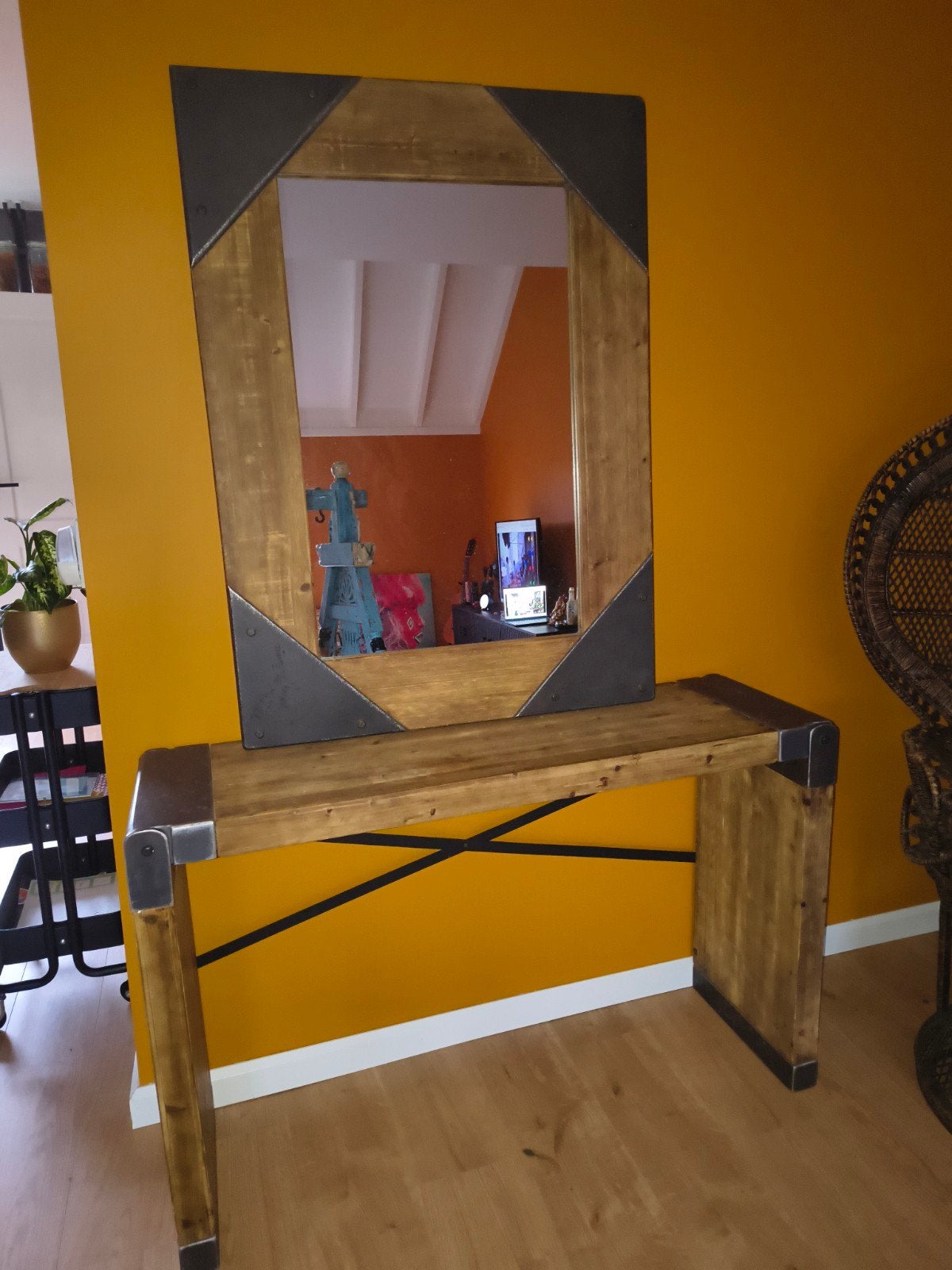 Industriële spiegel met tafel side table haltafel, Ophalen, Zo goed als nieuw, 100 tot 125 cm, Minder dan 100 cm