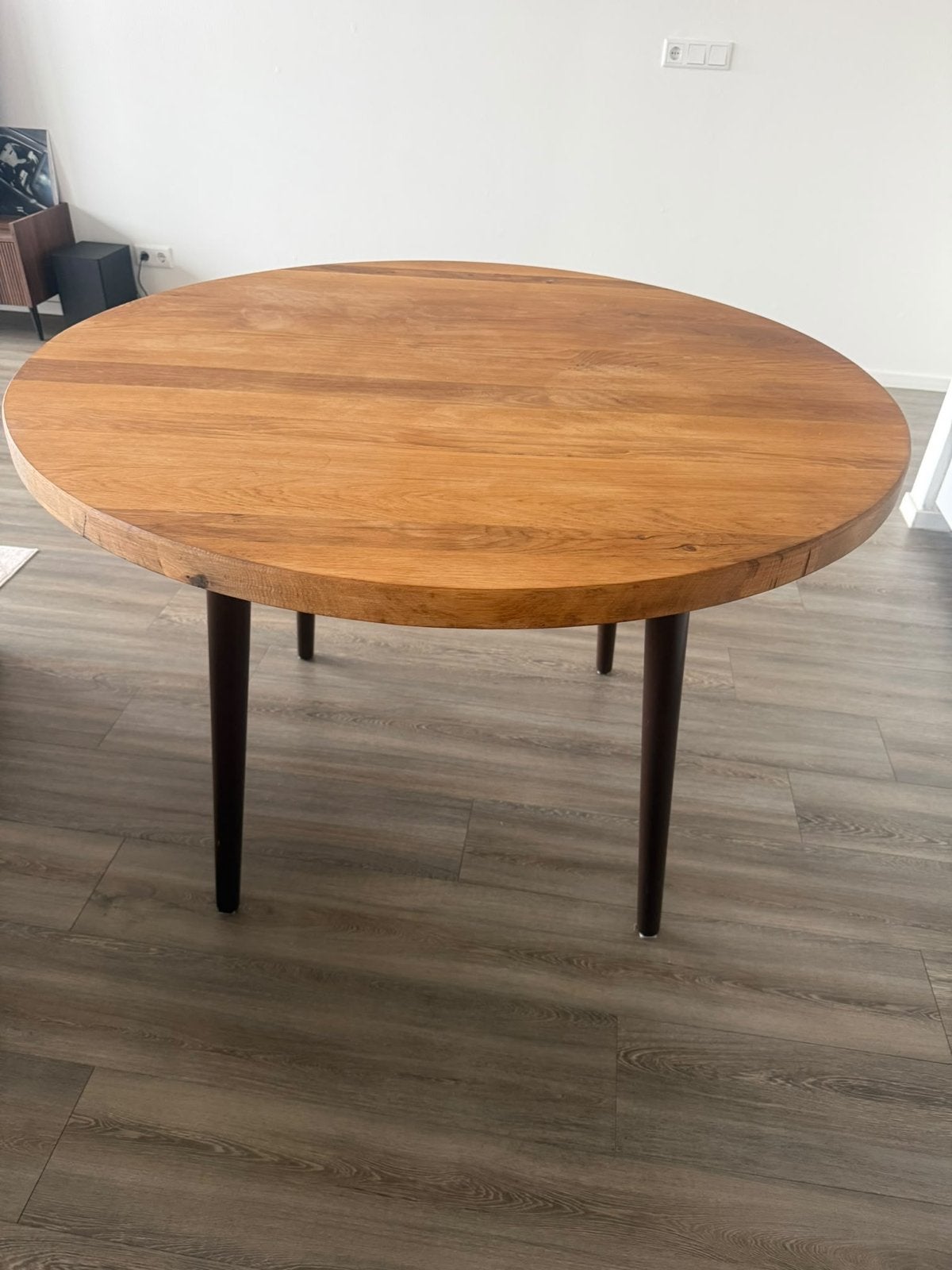 Rond tafelblad van massief eikenhout, Ophalen, 100 tot 150 cm, Zo goed als nieuw, Vier personen