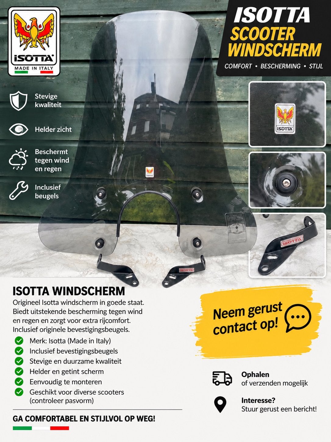 Isotta Scooter Windscherm - Comfort, Bescherming, Stijl, Fietsen en Brommers, Ophalen, Gebruikt, Overige typen, Overige merken