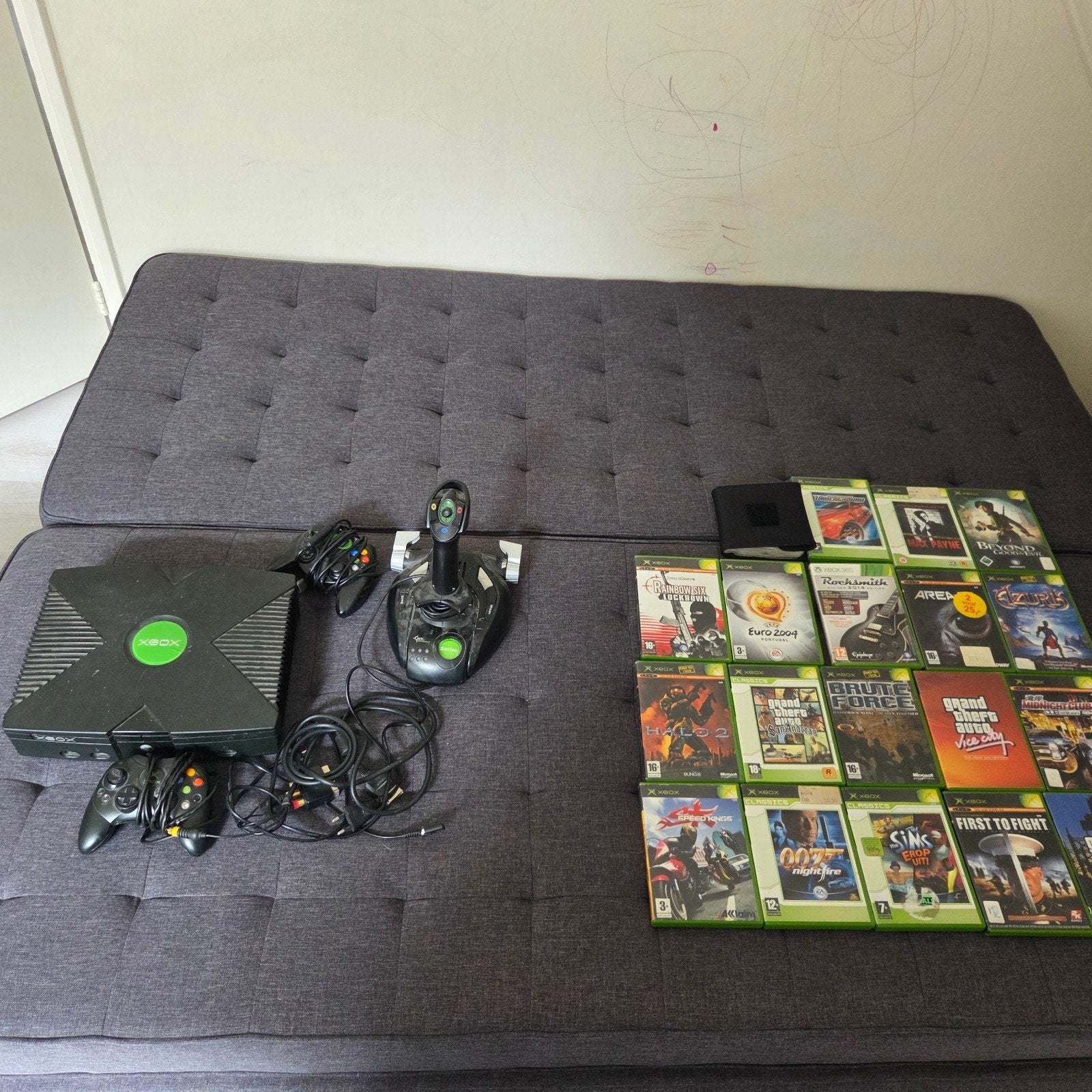 Oude Xbox 1 met controllers, joystick en games, Spelcomputers en Games, Spelcomputers | Xbox Original, Ophalen of Verzenden, Gebruikt
