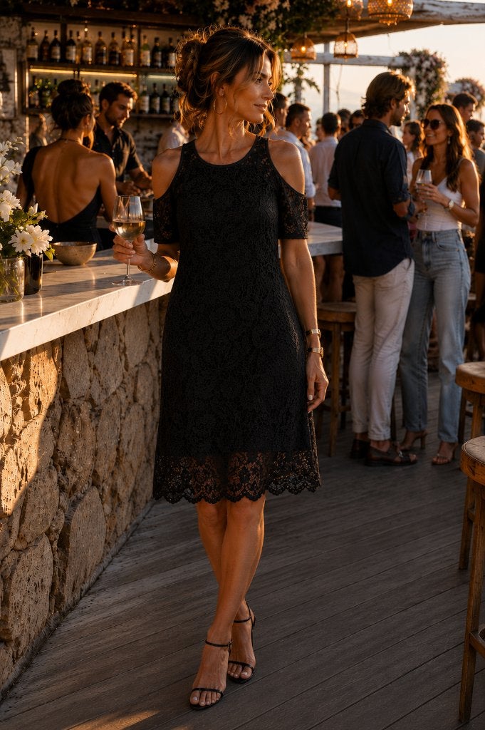 Zwarte kanten feestjurk cocktailjurk cold shoulder M, Kleding | Dames, Gelegenheidskleding, Maat 38/40 (M), Zwart, Cocktailjurk
