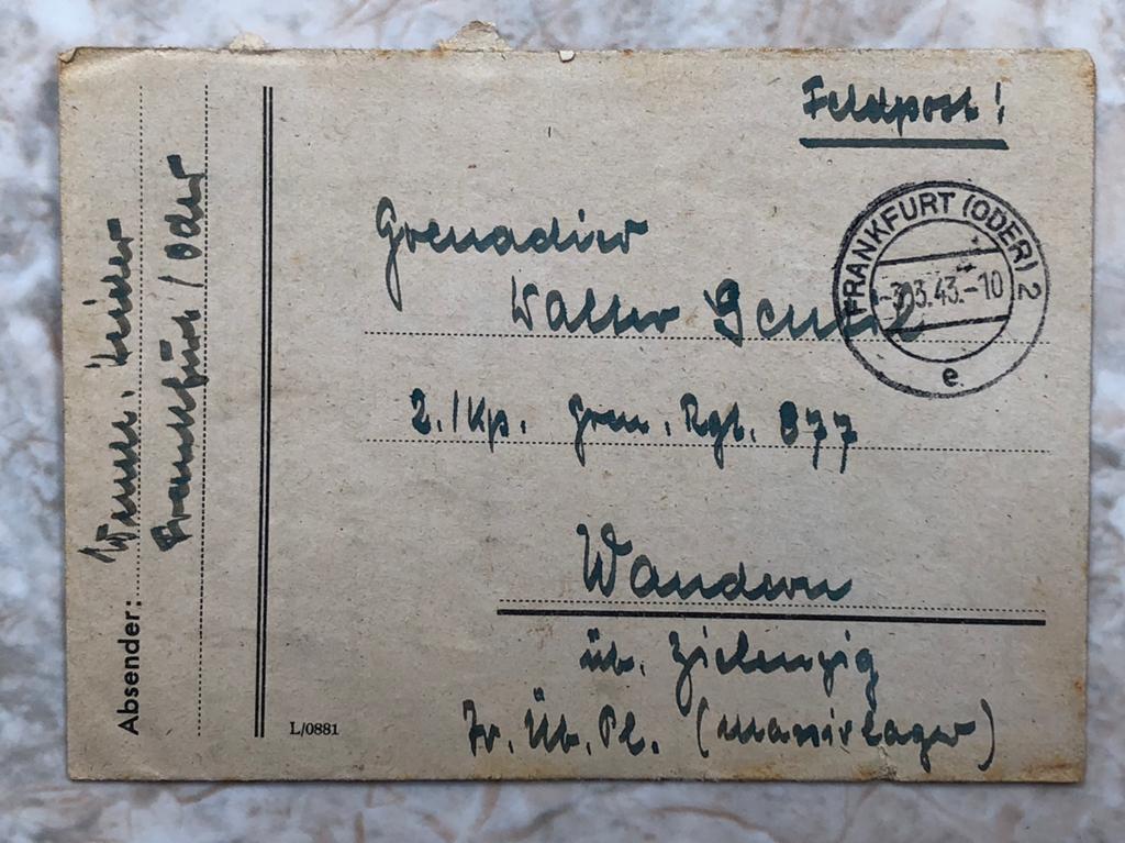 Duitse veldpost, gestempeld Frankfurt (Oder) 3.3.43., Verzamelen, Militaria | Tweede Wereldoorlog, Verzenden, Landmacht, Duitsland