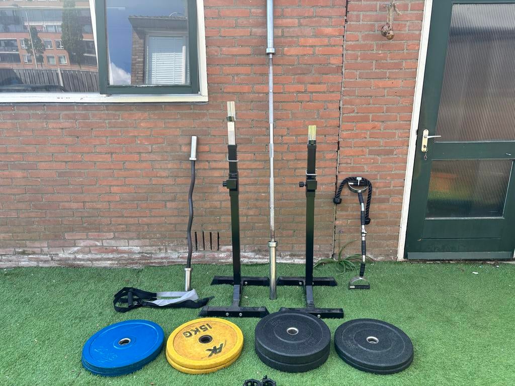 Squatstand Powermark met Halterschijven (100kg), Ophalen of Verzenden, Zo goed als nieuw, Benen, Overige typen