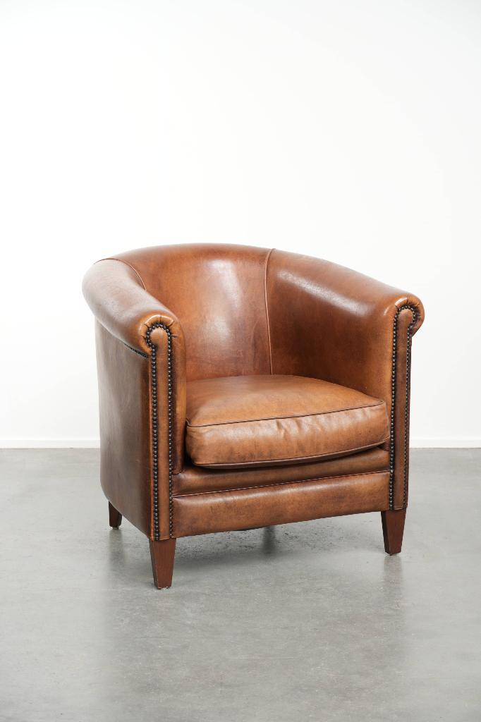 Schapenleren clubfauteuil met een warme cognac kleur, Huis en Inrichting, Fauteuils, Ophalen, Gebruikt, ., Klassiek