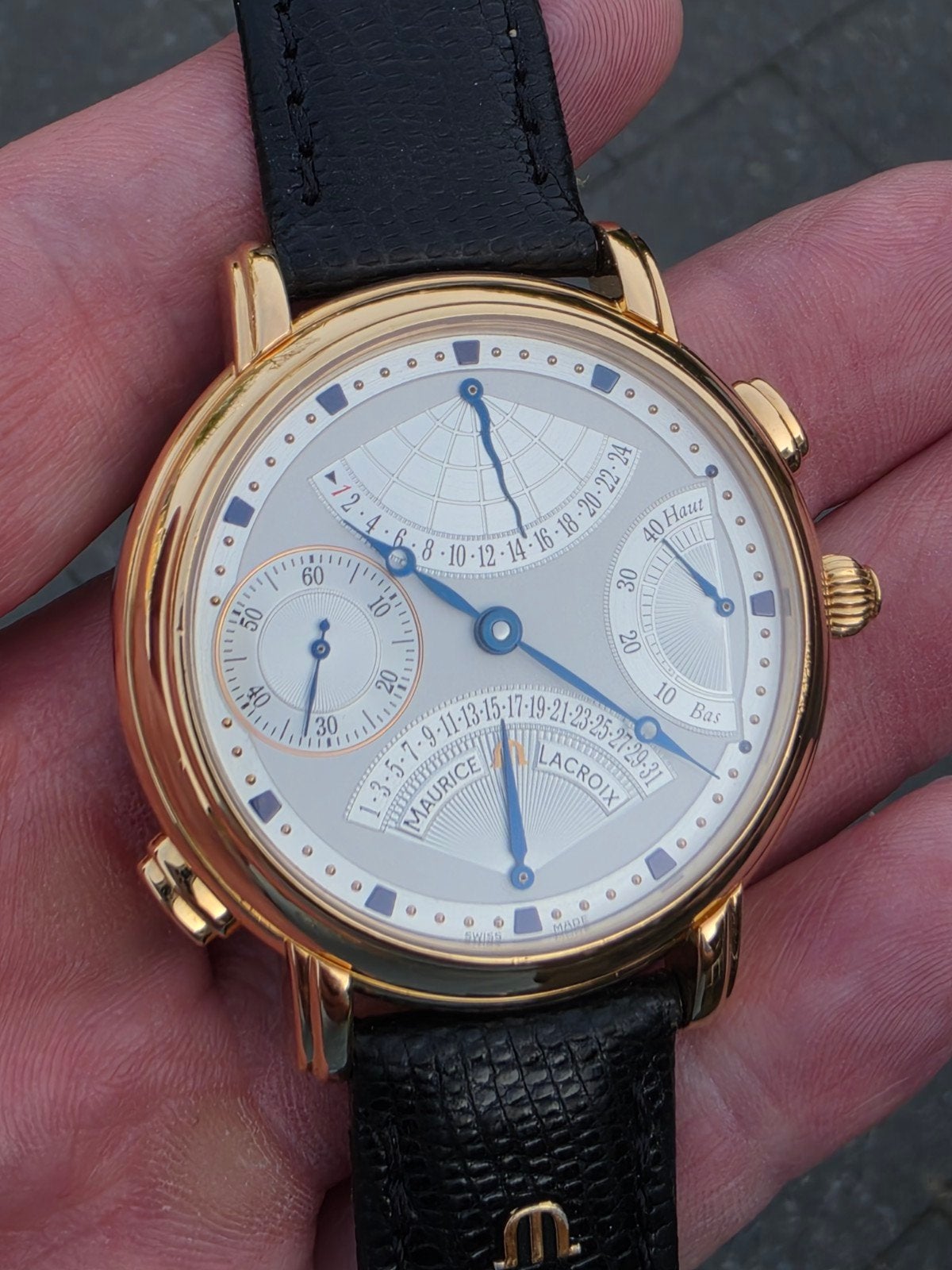 18krt rosegouden maurice Lacroix Masterpiece Double Retrogad, Leer, Polshorloge, Ophalen of Verzenden, Zo goed als nieuw