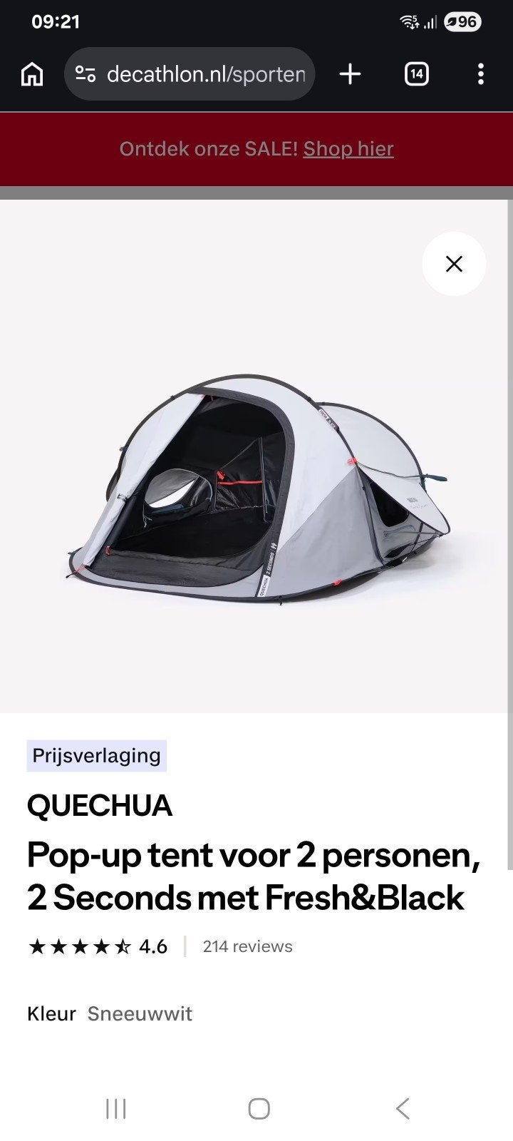 Quechua Black & White 2 pers.tent NIEUW!!!, Caravans en Kamperen, Tenten, Ophalen of Verzenden