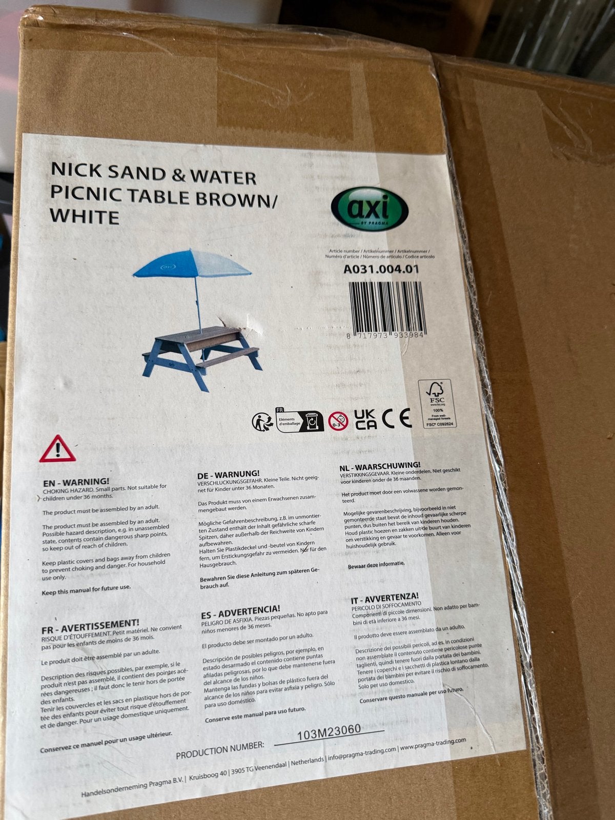 AXI Nick Zand & Water Picknicktafel Bruin/Wit met Parasol, Ophalen of Verzenden, Nieuw