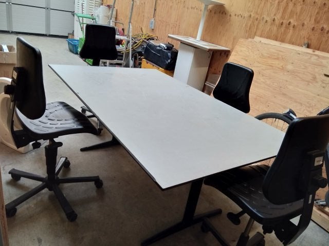 Werkplaats bureau / tafel met 4 BIMOS stoelen., Ophalen, Gebruikt, 180 cm, Overige merken
