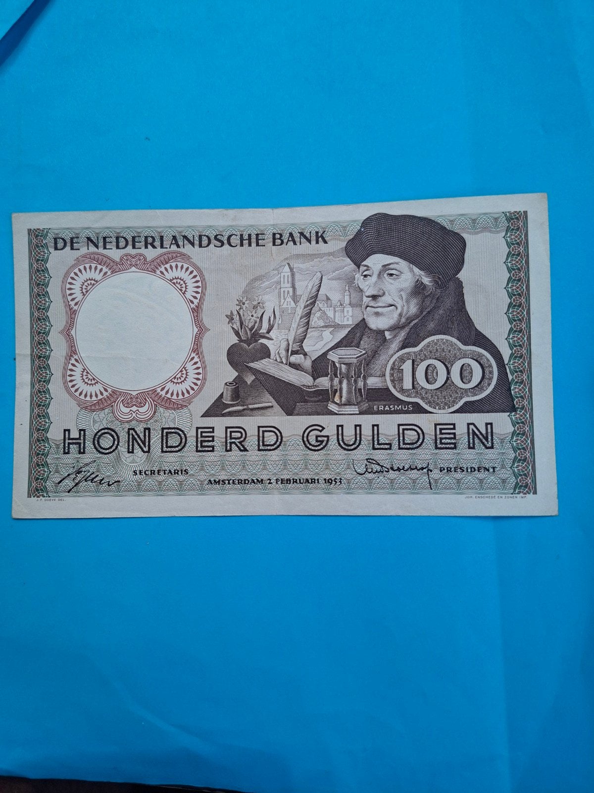 100 gulden Erasmus Replacement uit 1953 in PR-, Postzegels en Munten, Bankbiljetten | Nederland, Ophalen of Verzenden, 100 gulden